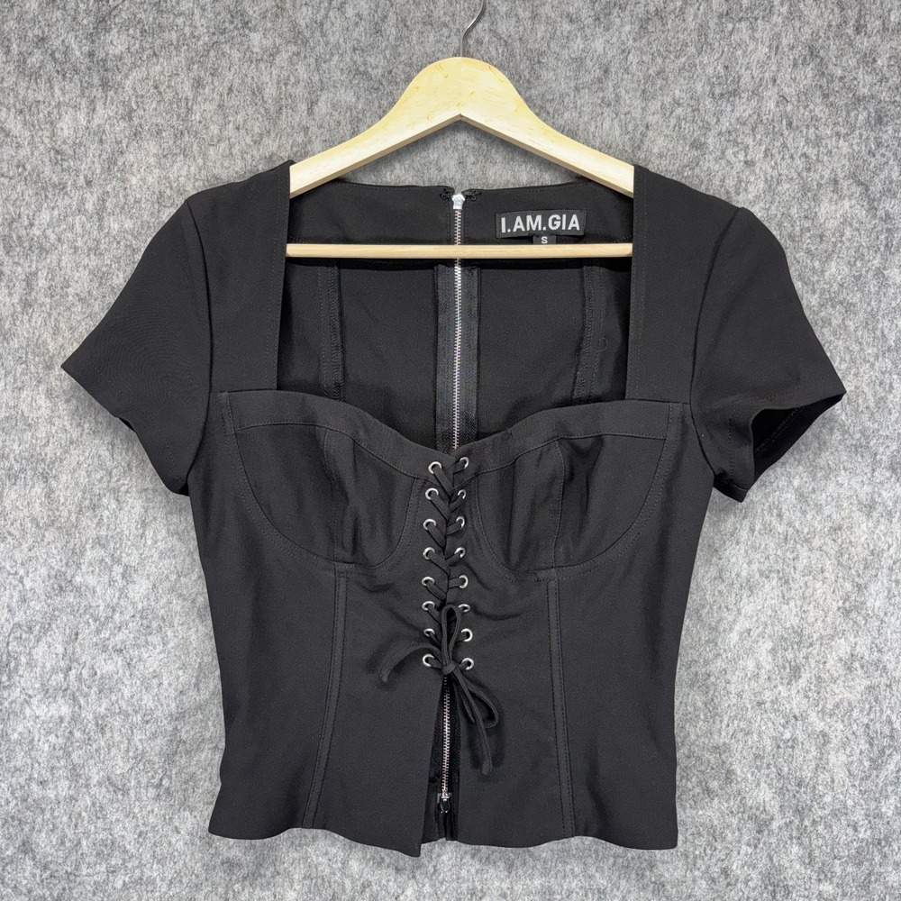 IAMGIA Evita‎ Corset TopWomen's Small Black Short Sleeve Lace Up Zip